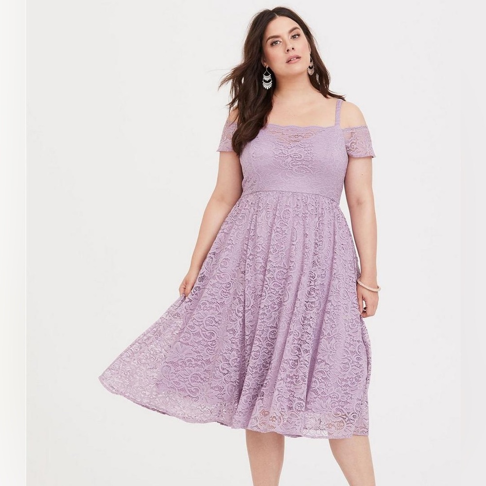 TORRID Special Occasion Purple Cold Shoulder Lace Midi Dress